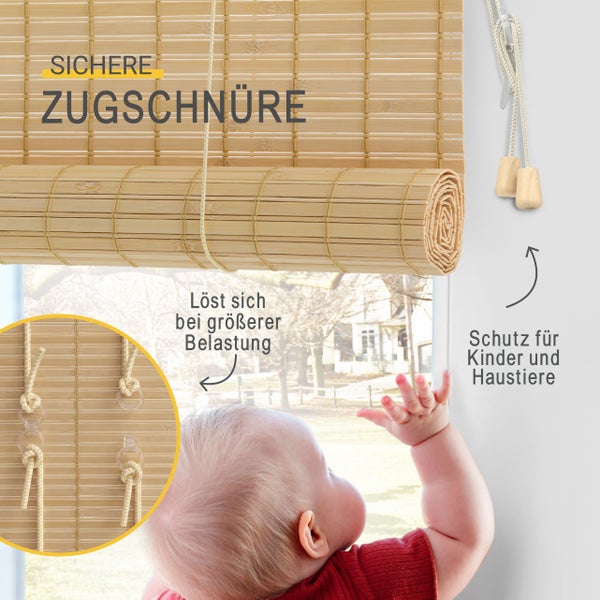 Bambusrollo mit sicheren Zugschnüren, die sich bei Belastung lösen, zum Schutz von Kindern und Haustieren.