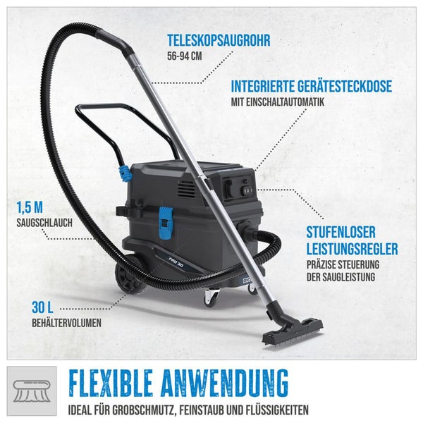 Industriesauger mit Teleskopsaugrohr, 1,5 Meter Saugschlauch und 30 Liter Behältervolumen