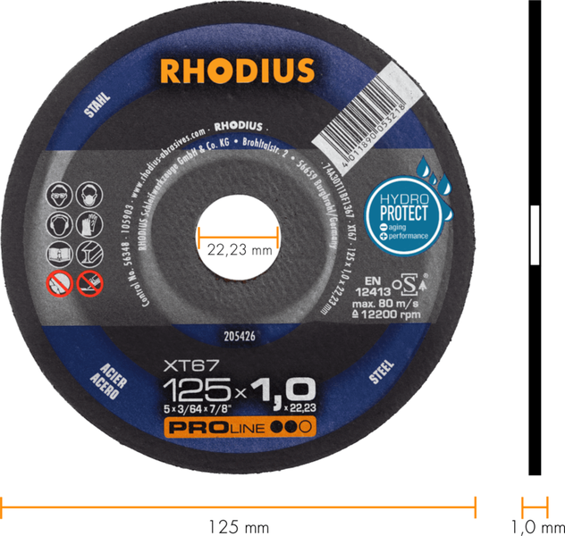 RHODIUS Trennscheibe XT67, 10 Stück, 125 x 1,0 x 22,23 mm für Stahl, Metall, PROline