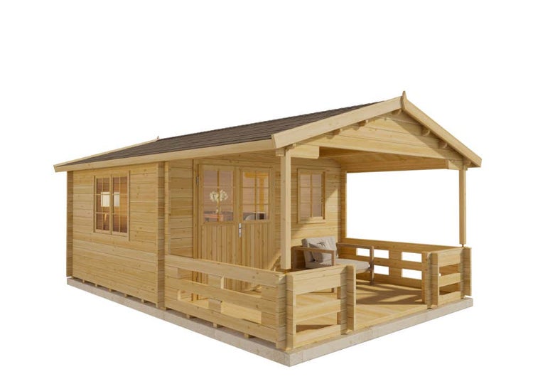 Alpholz Gartenhaus Falkland-44 ISO Gartenhaus aus Holz in natur, Holzhaus mit 44 mm Wandstärke inklusive Terrasse, Blockbohlenhaus mit Montagematerial imprägniert 4x6m