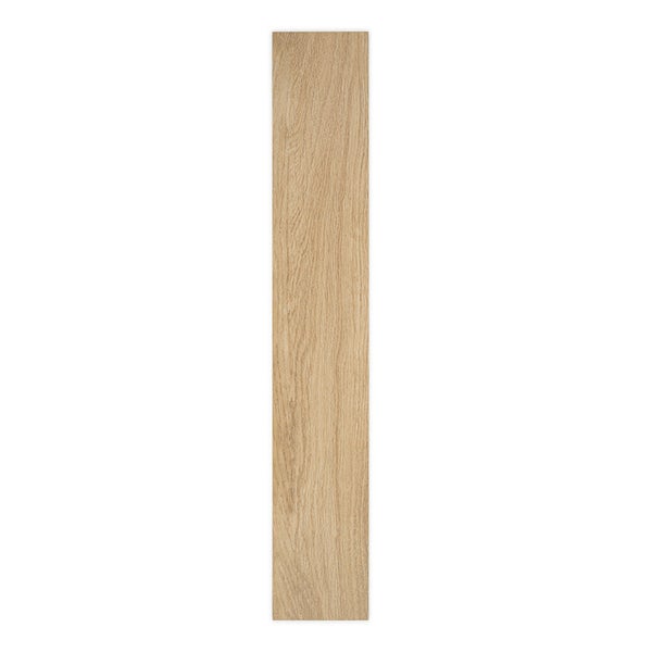 Einzelne Laminatdiele mit authentischer Eichenholzmaserung in natürlicher Optik.