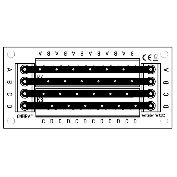 ONPIRA Verteiler W4x12 mit vier Reihen und nummerierten Anschlusspunkten für die elektrische Installation.