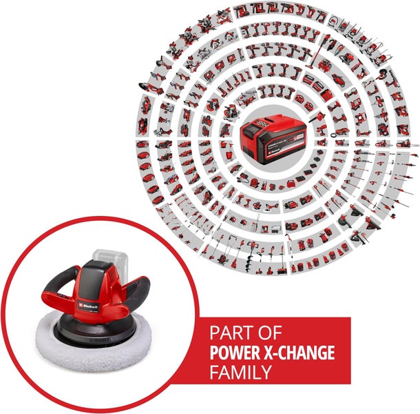 Einhell Akku-Poliermaschine als Teil der Power X-Change Familie mit einer Übersicht kompatibler Werkzeuge und Gartengeräte.