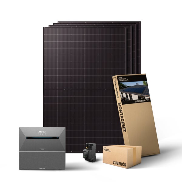 Balkonkraftwerk Komplettset für Ziegeldächer mit Solarmodulen, Anker Solix Solarbank 2 Pro, Montageset und Zubehör.
