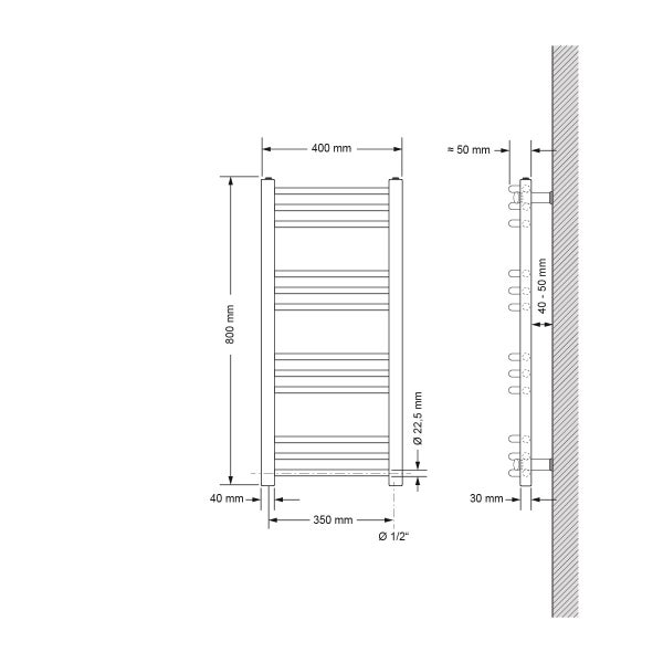 ECD Germany Badheizkörper Elektrisch ECO 400 x 800 mm mit Heizstab 300W Chrom gebogen mit Seitenanschluss-Design Heizkörper Handtuchwärmer Handtuchtrockner Handtuchheizkörper Handtuchheizung Heizung