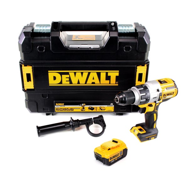 DeWALT Akku-Schlagbohrschrauber Set inklusive 18 Volt Lithium-Ionen Akku, Zusatzhandgriff und schwarzem Werkzeugkoffer.