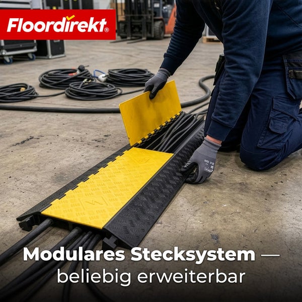 Floordirekt Logo. Person verlegt Kabel in eine modulare Kabelbrücke auf Beton. Der schwarz-gelbe Kabelschutz ist beliebig erweiterbar.