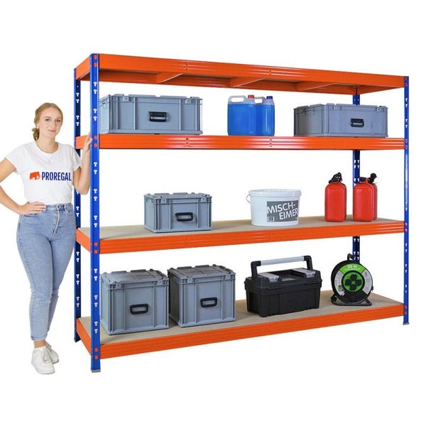 PROREGAL Profi Schwerlastregal Rhino, HxBxT 180x240x60cm, 4 Spanplatten-Ebenen 8mm, Fachlast 450kg, Blau/Orange