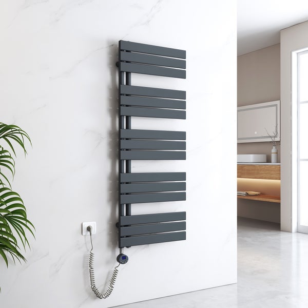 EMKE Handtuchheizkörper elektrisch mit Thermostat und Timer für Handtuchwärmer, seitlich offen, Vertikal, 800 Watt, 50 x 132 cm, Anthrazit