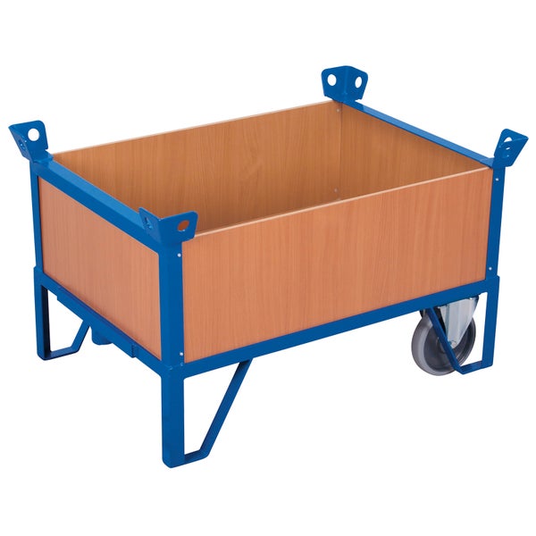 Rollbarer Transportbehälter mit blauem Metallrahmen und Holzwänden, zwei Rädern und zwei Standfüßen.
