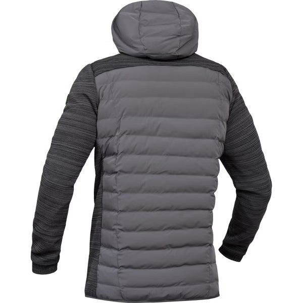 Rückansicht einer grauen Hybridjacke mit gestepptem Rumpf, Strickärmeln und Kapuze.