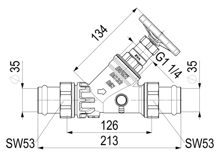 Technische Zeichnung eines Schrägsitzventils Nennweite 32 mit Maßen in Millimetern wie 213, 126 und 134 sowie Gewinde G 1 1/4.