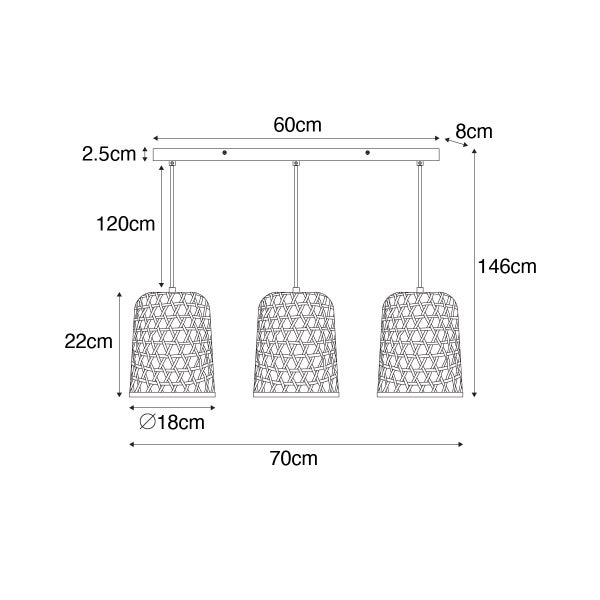 Technische Zeichnung einer Hängeleuchte mit drei Lampenschirmen und Maßangaben