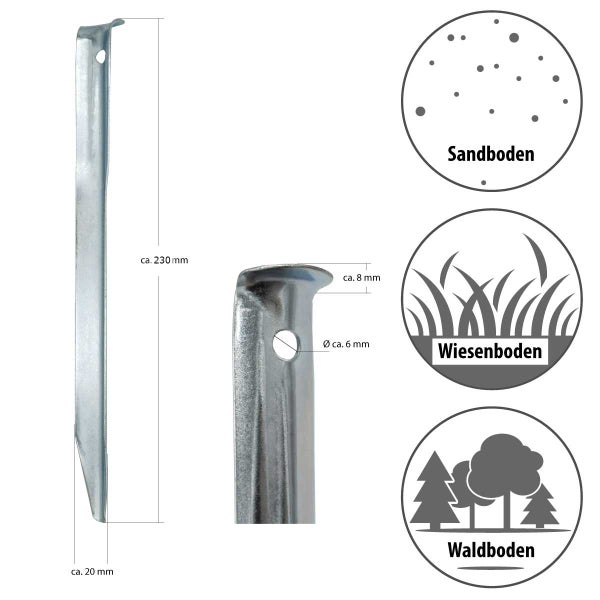 AMANKA 10 XL Stahl Zelt-Heringe V-Profil 230x23mm stabile Zeltnägel Sand-Boden Camping Set Erdnägel leicht lang verzinkt