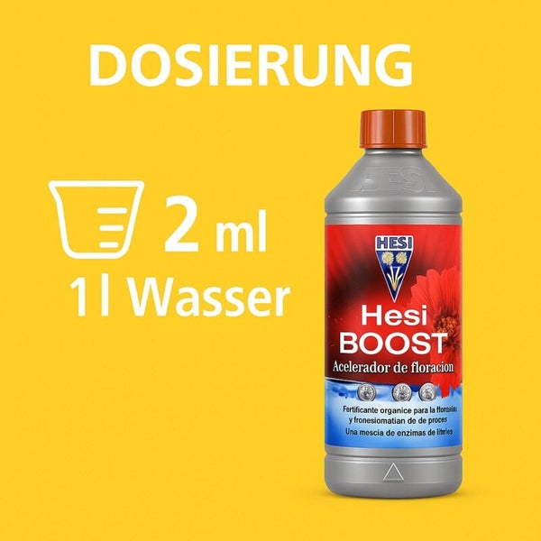 Dosierung für Hesi Boost Blütenbeschleuniger: 2 Milliliter auf 1 Liter Wasser.
