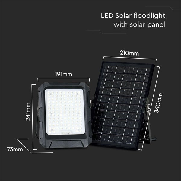 LED Solar Flutlichtstrahler mit Solarpanel und Maßangaben