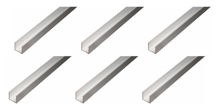 Sechs U-Profile aus Aluminium als Set für vielseitige Anwendungen im Heimwerkerbereich.