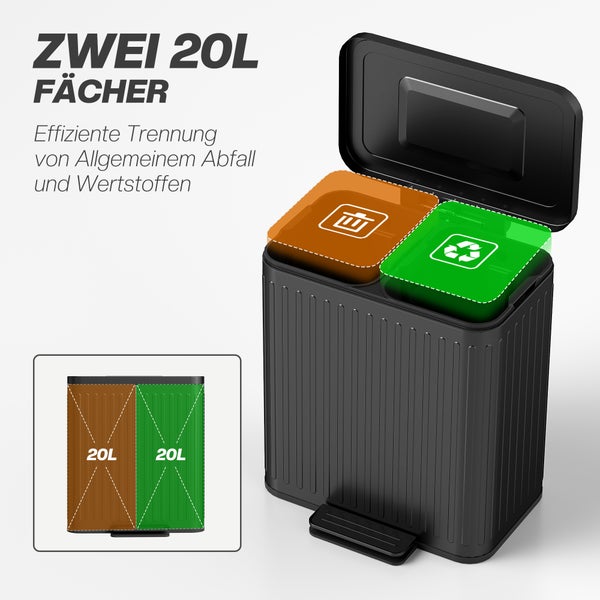 Tretabfalleimer mit zwei 20 Liter Fächern zur effizienten Trennung von Restmüll und Wertstoffen.