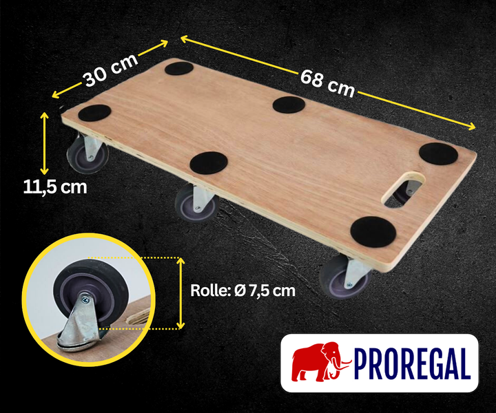 Möbelroller aus Holz, 68 mal 30 mal 11,5 Zentimeter, Rollendurchmesser 7,5 Zentimeter, mit Antirutschpunkten, Griff und Proregal Logo.