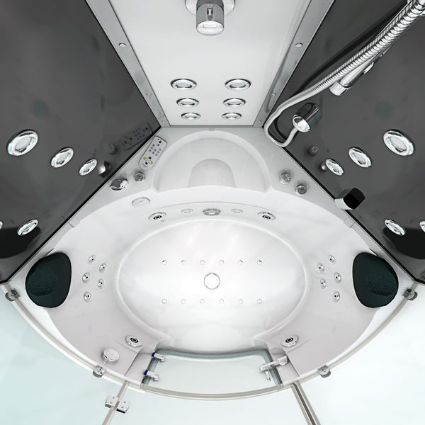 Draufsicht auf eine moderne Dampfduschkabine mit Whirlpool-Badewanne, Massagedüsen, Handbrause und Bedienpanel in Weiß und Grau.