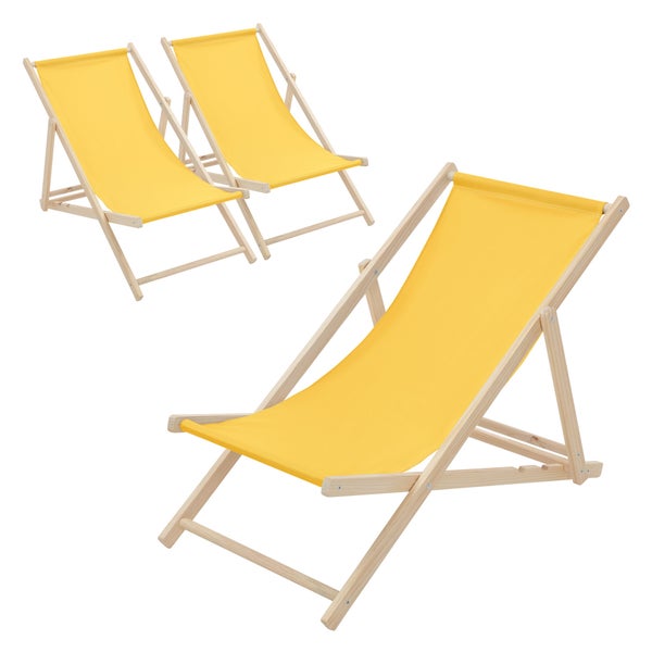 Set mit 3 klappbaren Liegestühlen aus Holz mit gelber Stoffbespannung.