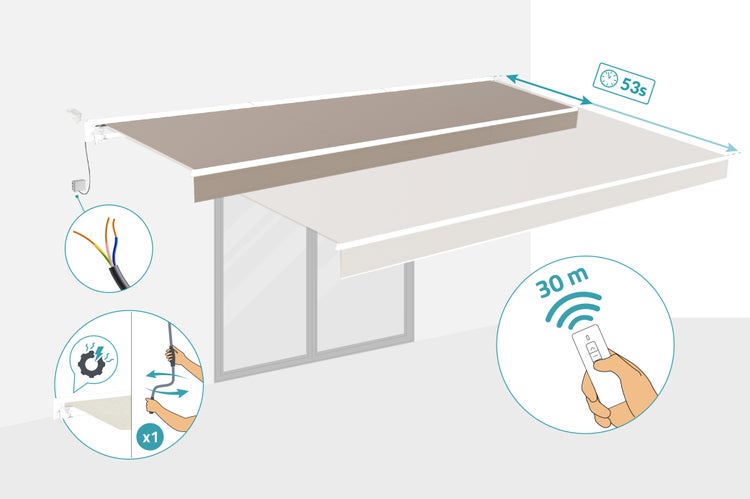 Ansicht einer ausfahrbaren Markise mit Zeitangabe, Reichweite und Installationshinweisen.