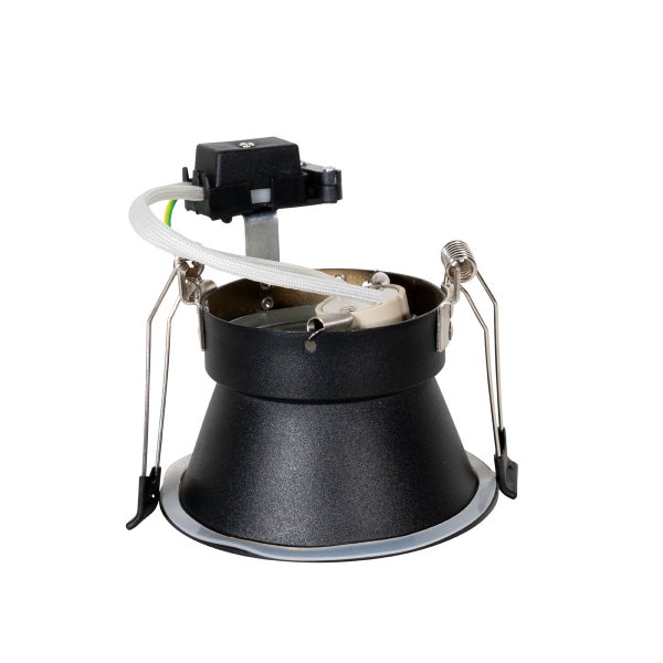 Einbaustrahler-Gehäuse aus schwarzem Metall mit Federklemmen und Anschlussbox für die Deckenmontage.