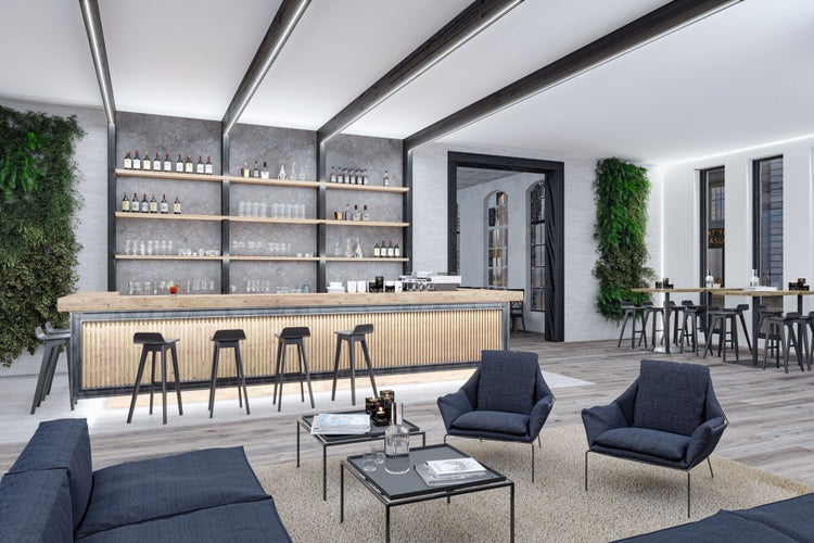 Moderner Bar- und Loungebereich im Industrie-Stil mit Holztheke, Barhockern, Polstersesseln, vertikalen Gärten und Deckenbalken mit Beleuchtung.