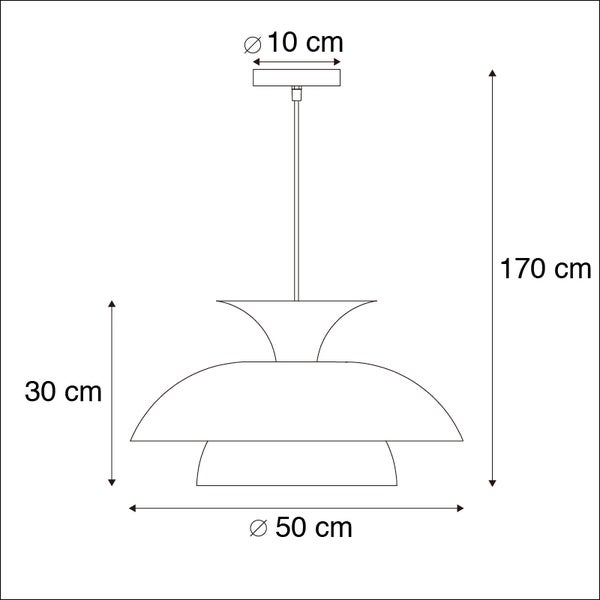 Technische Zeichnung einer Pendelleuchte mit den Maßen: Durchmesser 10 Zentimeter für die Aufhängung, Durchmesser 50 Zentimeter für den Lampenschirm und eine Höhe von 170 Zentimetern.
