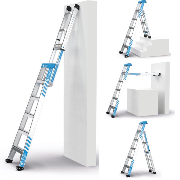 Zarges Mehrzweckleiter in verschiedenen Anwendungspositionen dargestellt.