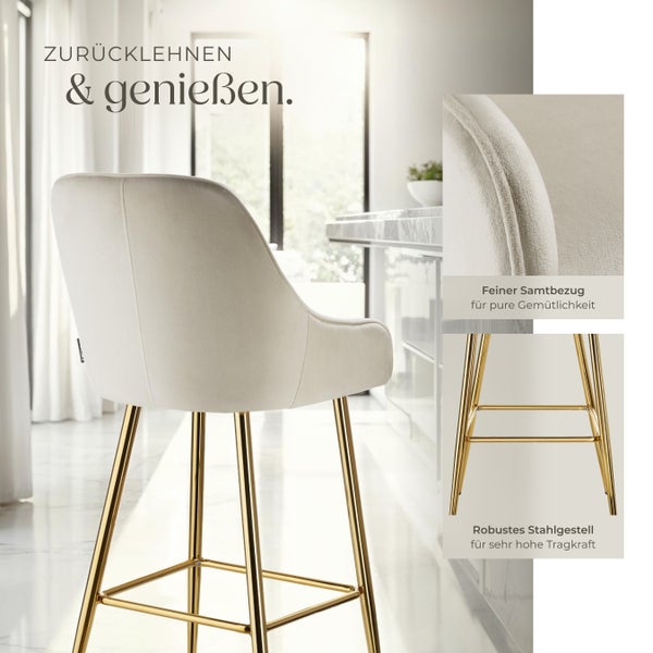 Barstuhl tectake Avane 48,5 x 57 x 108 cm, Belastbarkeit 120 kg in Samtoptik, gepolstert creme/gold