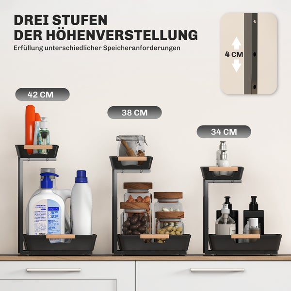 Zweistöckiger Organizer mit Höhenverstellung in drei Stufen: 42 Zentimeter, 38 Zentimeter und 34 Zentimeter. Verstellbar in 4 Zentimeter Schritten.