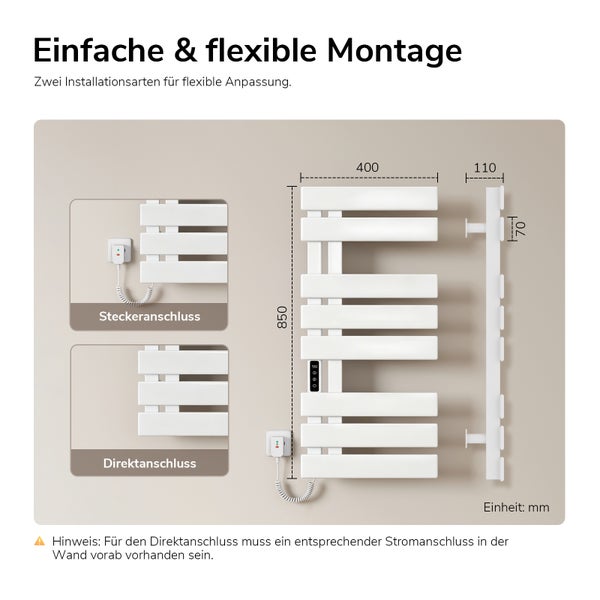 Produktgrafik eines elektrischen Handtuchheizkörpers mit Abmessungen 850 mal 400 Millimeter und zwei Anschlussarten: Stecker- und Direktanschluss.