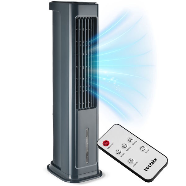 Mobiler Turm-Luftkühler mit Fernbedienung inklusive tectake Logo und visualisiertem Luftstrom.