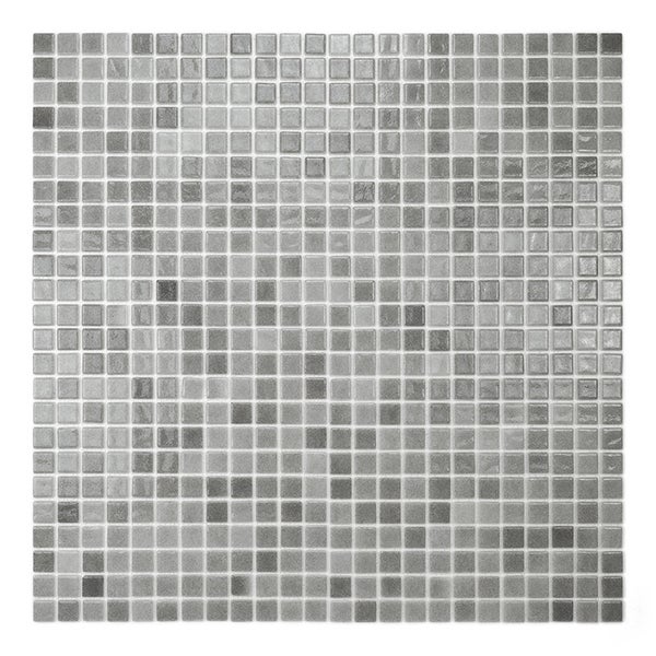Quadratisches Mosaikfliesennetz aus Glas mit kleinen quadratischen Fliesen in verschiedenen Graustufen für Wand und Boden.
