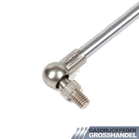 Winkelgelenk einer Gasdruckfeder mit Kugelpfanne und Gewindebolzen aus Stahl.