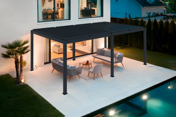 Pergola bioklimatisch aus graue Aluminium SANTA 5x3m - elektrisch verstellbares Lamellendach