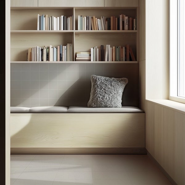 Moderne Fensternische mit integriertem Holzregal, bequemer Sitzbank mit Polster und Kissen sowie Fliesenrückwand in einem hellen Raum.