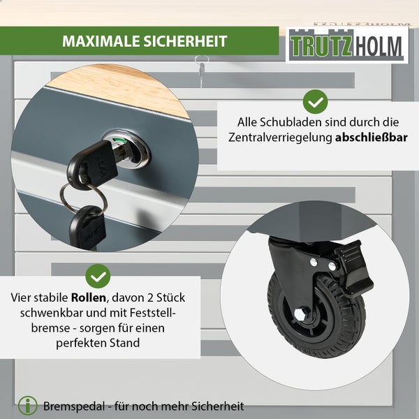 Trutzholm Werkstattwagen mit Zentralverriegelung und vier stabilen Rollen inklusive Feststellbremsen für sicheren Stand.