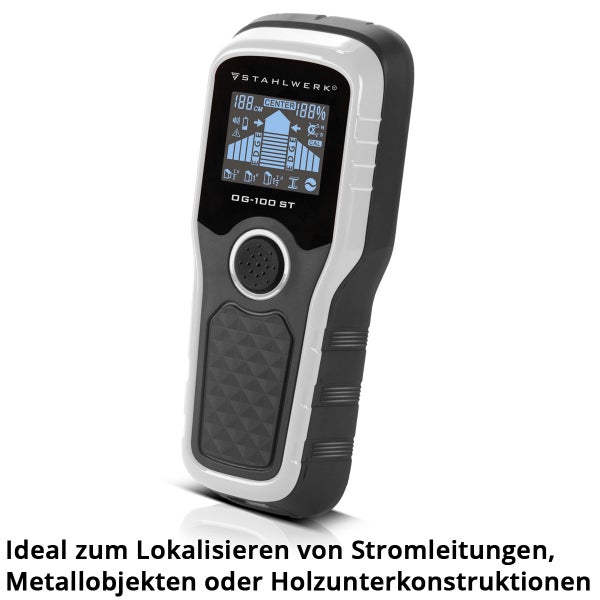 Stahlwerk Multidetektor OG-100 ST zum Orten von Stromleitungen, Metall und Holzunterkonstruktionen mit digitalem Display.