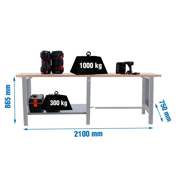 Werkbank BUFFALO WOOD | HxBxT 86,5x210x75cm | Traglast 1000kg | Grau
