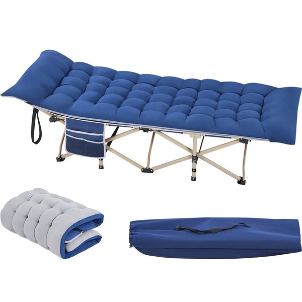 Feldbett mit Matratze, zusammengelegt und in Tragetasche