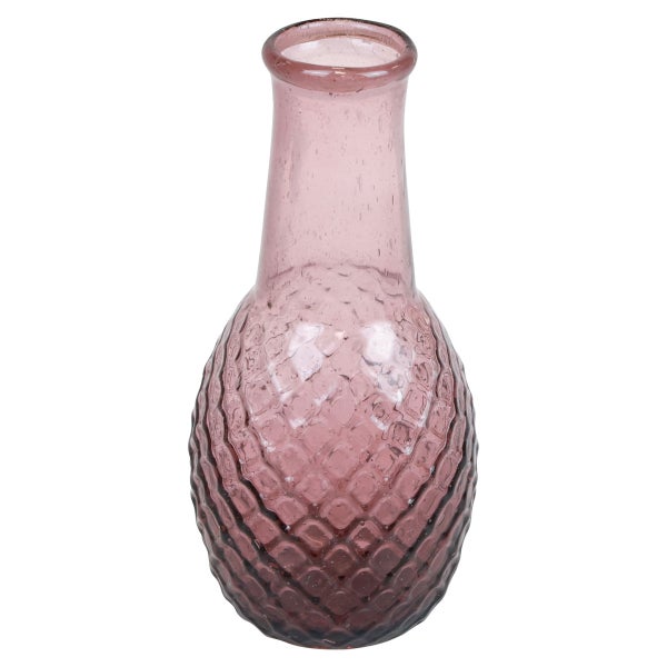 Lila Glasvase mit strukturierter Oberfläche, schmalem Hals und bauchiger Form.