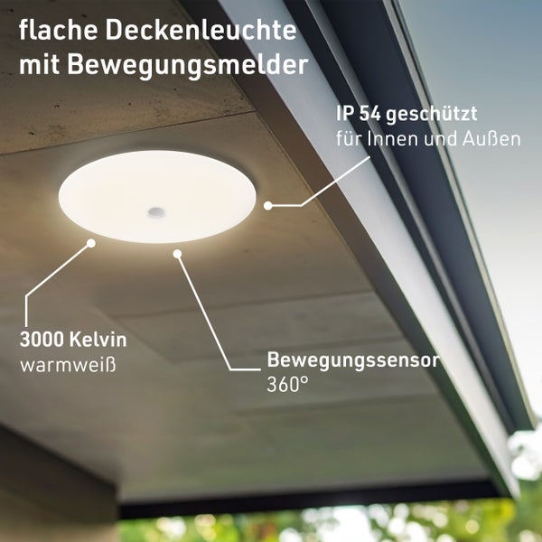 Flache Deckenleuchte mit Bewegungsmelder für Innen und Außen mit 3000 Kelvin warmweißem Licht und 360 Grad Sensor.