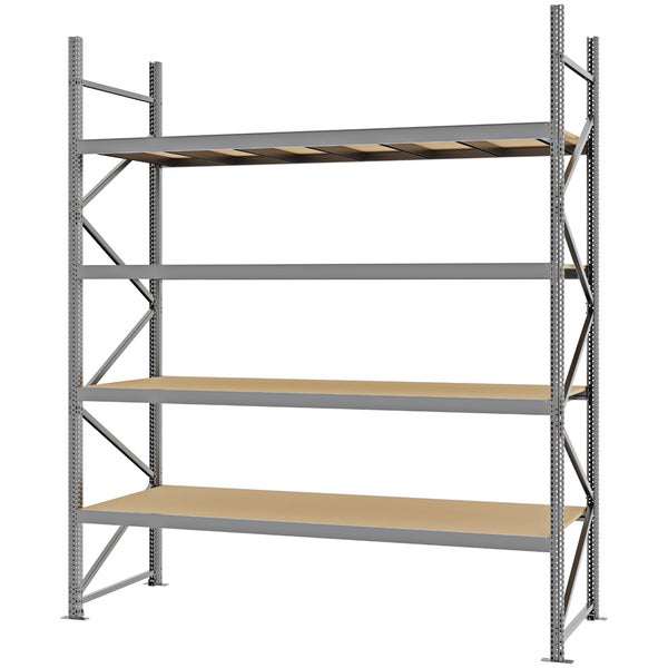 Weitspannregal mit vier Holzböden und grauem Metallrahmen für Werkstatt oder Lager.