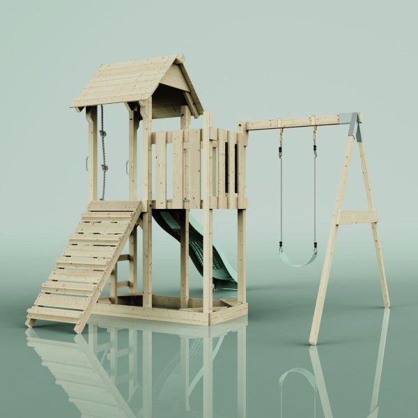 Spielturm aus Holz mit Rutsche und Schaukel