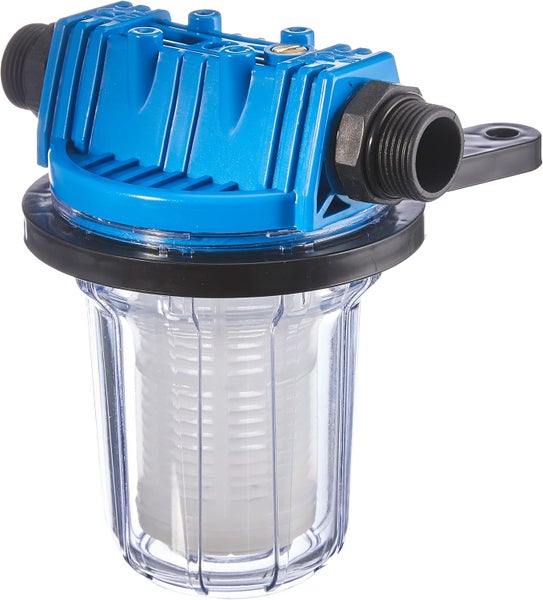 Vorfilter für Gartenpumpen mit transparentem Kunststoffgehäuse, blauem Oberteil und weißem Filtereinsatz.