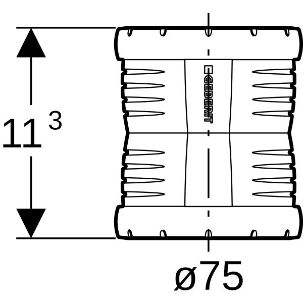 Technische Zeichnung einer Geberit Muffe mit einem Durchmesser von 75 Millimeter und einer Höhe von 11 komma 3. Geberit Logo.