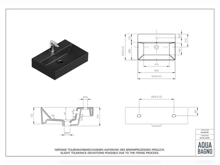Aqua Bagno Loft Waschbecken KS.AN.60 – 60 x 42 cm – Schwarz Matt – Keramikbecken mit Hahnloch & Überlauf
