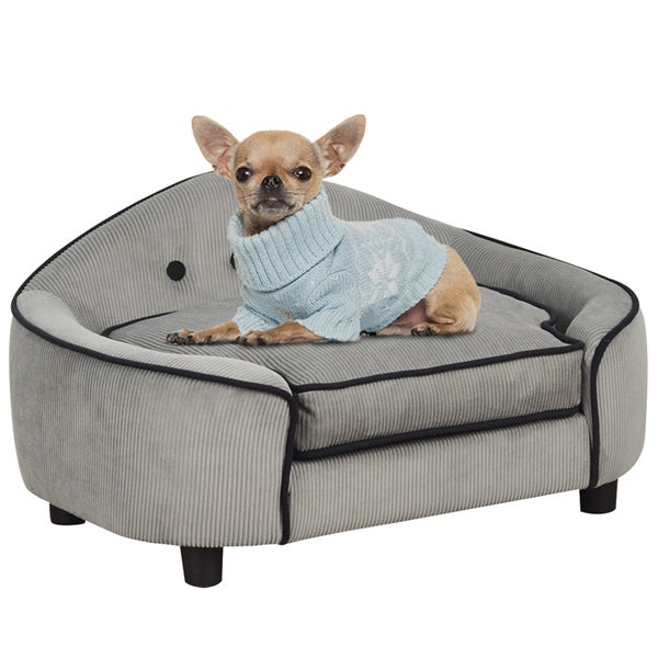 PawHut Haustiersofa, Hundebett, Hundematte, Hundesofa, Naturholz+Plüsch, Grau, 66,5 x 45 x 35,5 cm